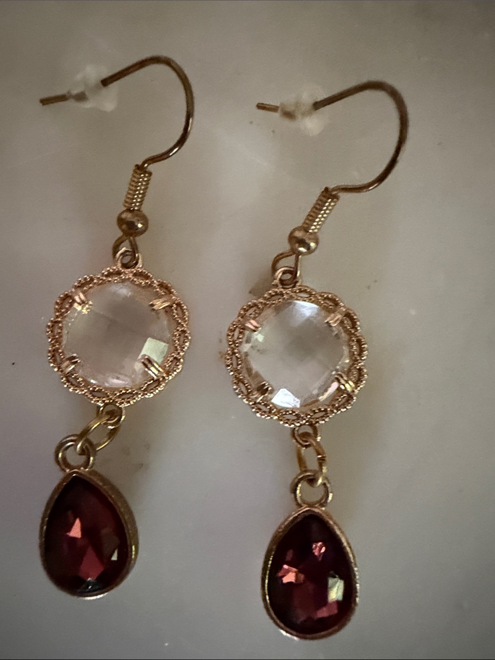 Gold-Tone Drop Earrings with Clear Crystal and Garnet Red Teardrop